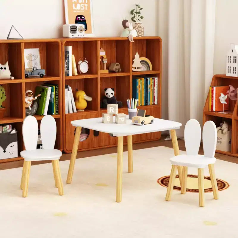 Etokfoks Table et 2 chaises pour enfants Motif oreilles de lapin Bois massif Blanc Table 60x60x44 cm Chaises 27x27x50 cm