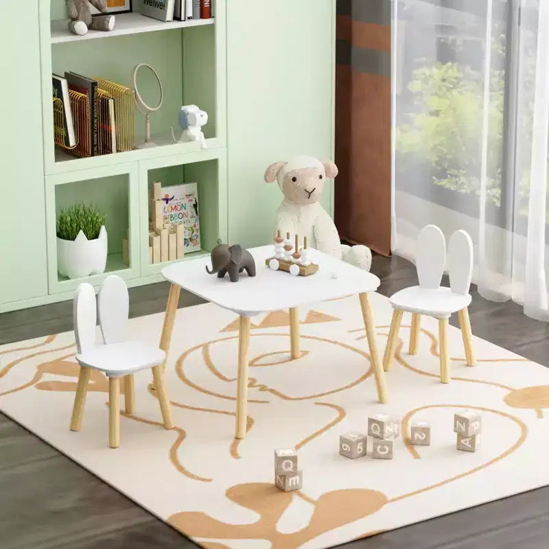 Etokfoks Table et 2 chaises pour enfants Motif oreilles de lapin Bois massif Blanc Table 60x60x44 cm Chaises 27x27x50 cm