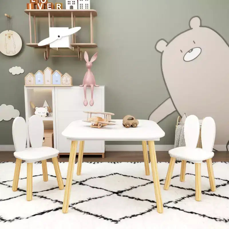 Etokfoks Table et 2 chaises pour enfants Motif oreilles de lapin Bois massif Blanc Table 60x60x44 cm Chaises 27x27x50 cm
