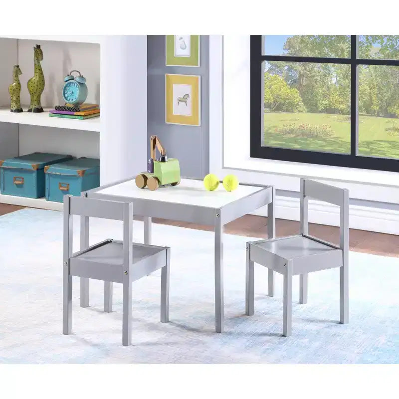 Etokfoks Ensemble Table et Deux Chaises Effaçables à Sec 3 Pièces pour Enfants Bois Massif Gris Construction Durable Facile à Nettoyer Espace Créatif pour l'Art et le Jeu