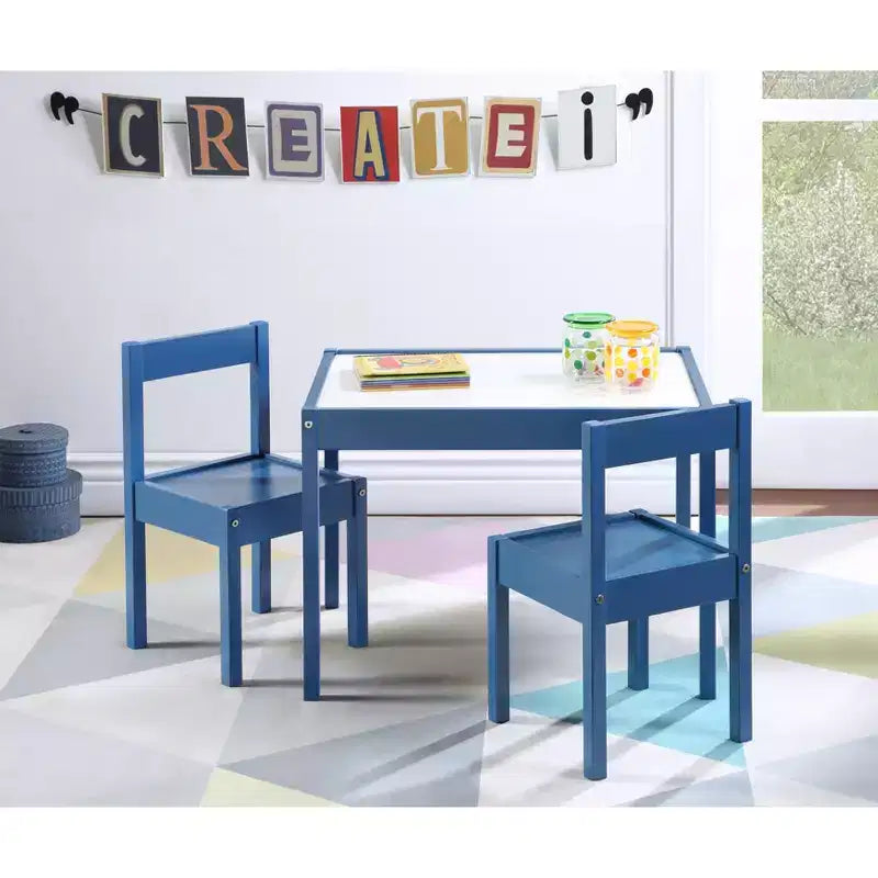 Etokfoks Ensemble de 3 pièces : Table et deux chaises pour enfants, surface effaçable à sec, bleu foncé, bois massif séché au four, finition durable pour activités créatives
