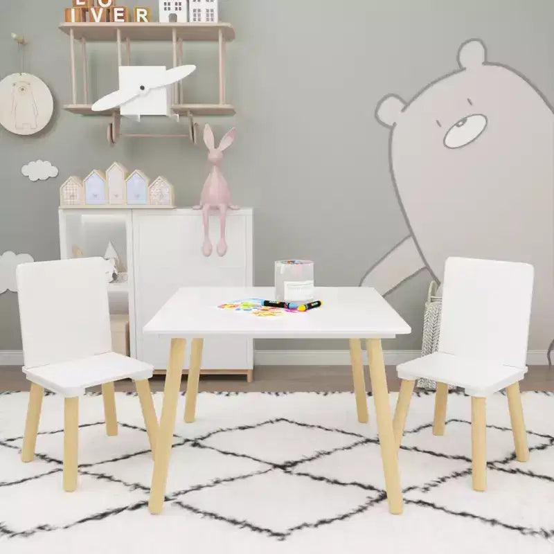 Ensemble table et 2 chaises Etokfoks pour enfants - Bois massif et MDF - Blanc - Table 60 x 60 x 44 cm - Chaises 34 x 30 x 51 cm