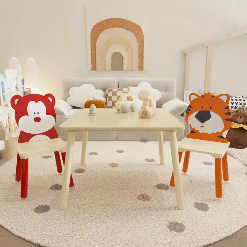 Ensemble table et 2 chaises Etokfoks pour enfants Blanc Orange Bois massif MDF Table 60x60x44 cm Chaises 34x34x51 cm 3 pièces