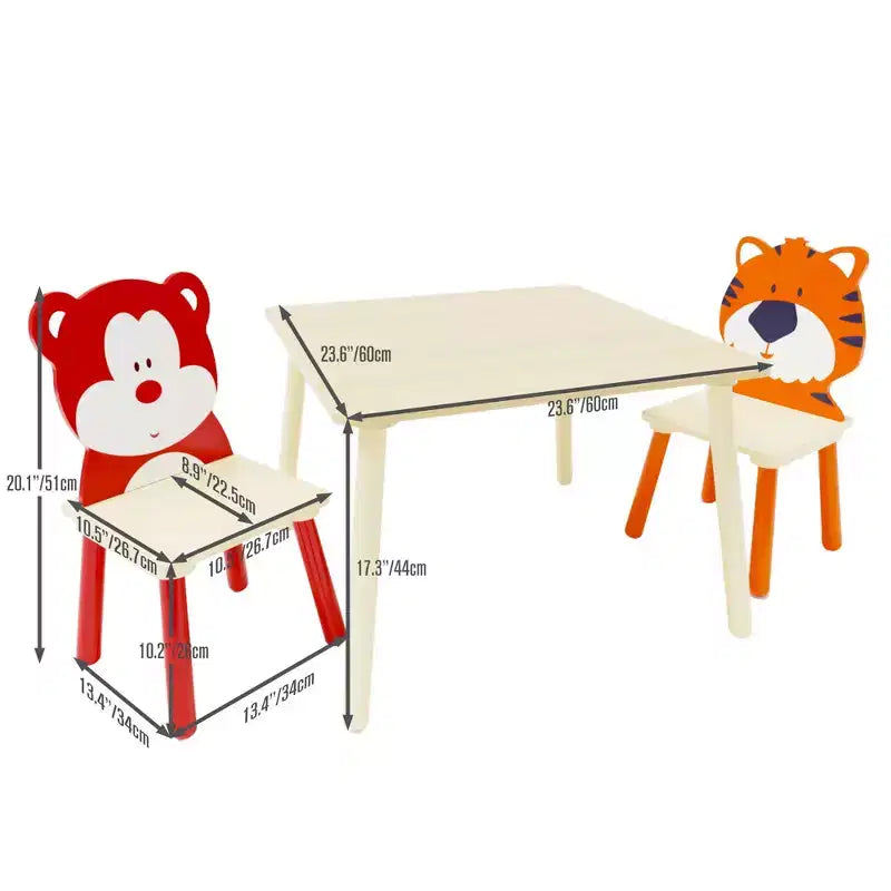 Ensemble table et 2 chaises Etokfoks pour enfants Blanc Orange Bois massif MDF Table 60x60x44 cm Chaises 34x34x51 cm 3 pièces