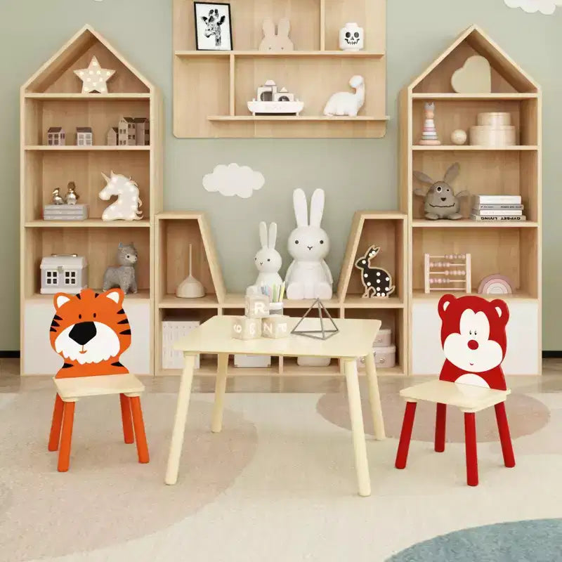 Ensemble table et 2 chaises Etokfoks pour enfants Blanc Orange Bois massif MDF Table 60x60x44 cm Chaises 34x34x51 cm 3 pièces