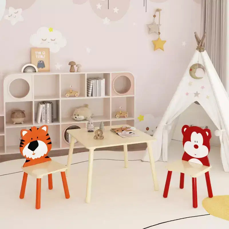 Ensemble table et 2 chaises Etokfoks pour enfants Blanc Orange Bois massif MDF Table 60x60x44 cm Chaises 34x34x51 cm 3 pièces