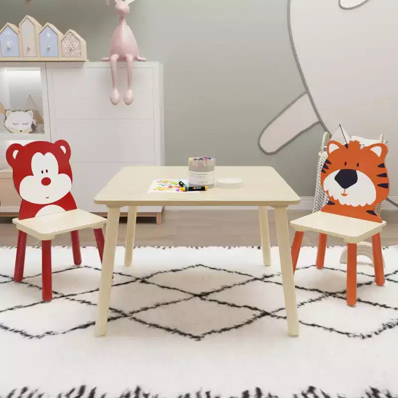 Ensemble table et 2 chaises Etokfoks pour enfants Blanc Orange Bois massif MDF Table 60x60x44 cm Chaises 34x34x51 cm 3 pièces