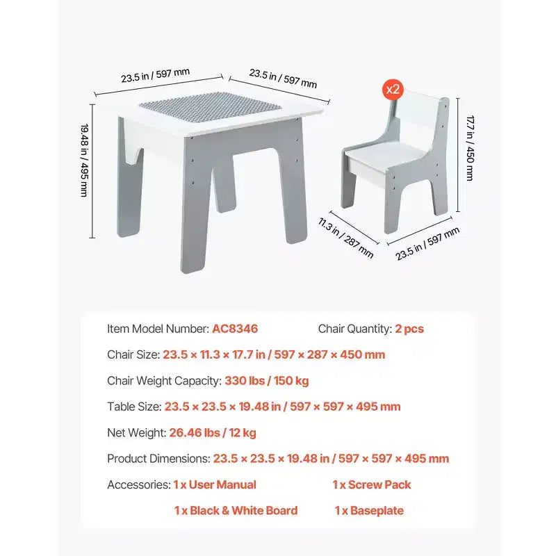 JVNOXK Table et chaises d'activités 4 en 1 pour enfants Plateau double face : un côté pour dessiner, un côté pour les blocs de construction Comprend un espace de rangement Blanc