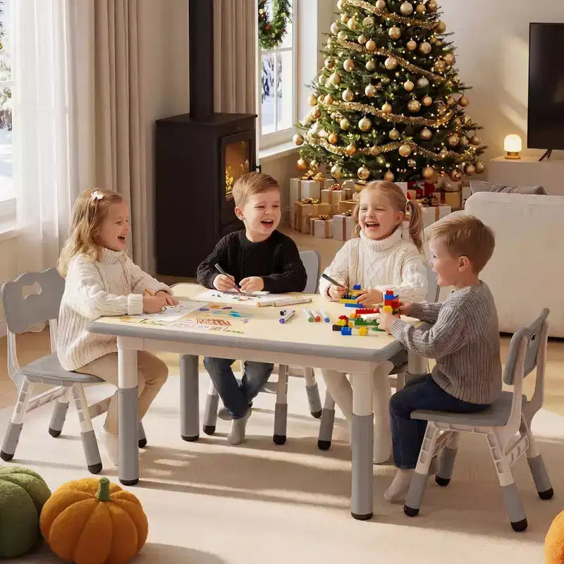 Ensemble table et 4 chaises Kinder King pour enfants, table d'activités à hauteur réglable, surface de dessin facile à nettoyer, pieds antidérapants, rectangulaire 80 cm