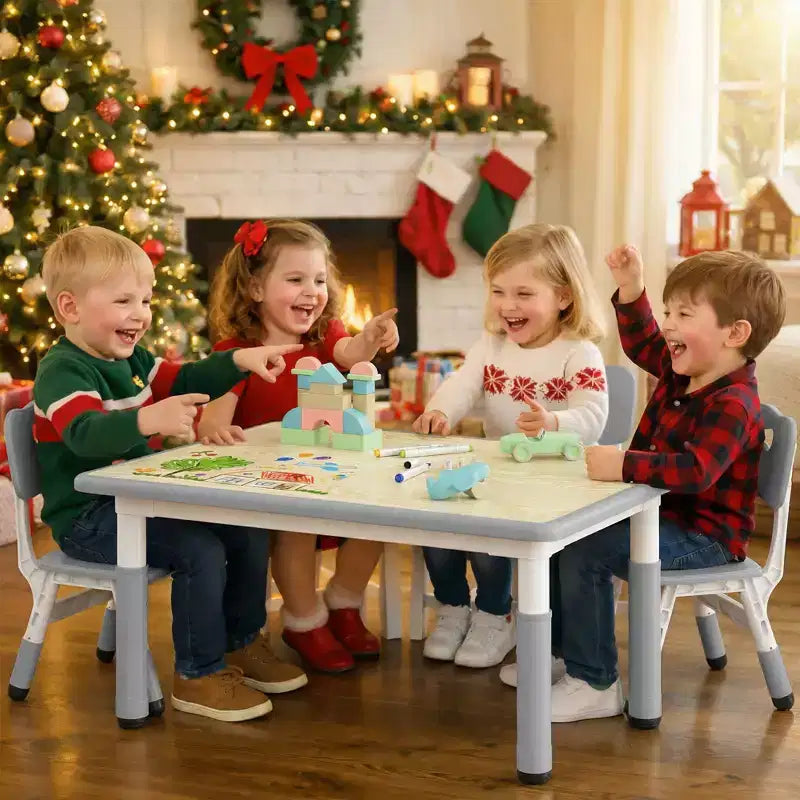 Ensemble table et 4 chaises Kinder King pour enfants, table d'activités à hauteur réglable, surface de dessin facile à nettoyer, pieds antidérapants, rectangulaire 80 cm
