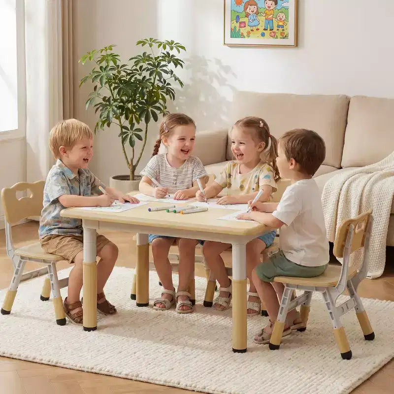 Ensemble table et 4 chaises Kinder King pour enfants, table d'activités à hauteur réglable, surface de dessin facile à nettoyer, pieds antidérapants, rectangulaire 80 cm