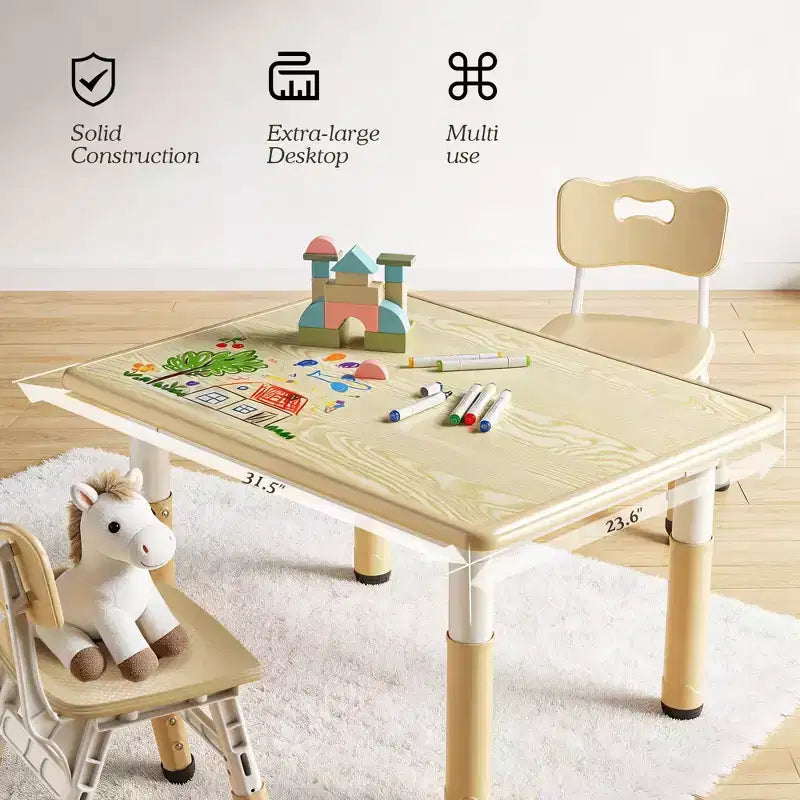 Ensemble table et 4 chaises Kinder King pour enfants, table d'activités à hauteur réglable, surface de dessin facile à nettoyer, pieds antidérapants, rectangulaire 80 cm