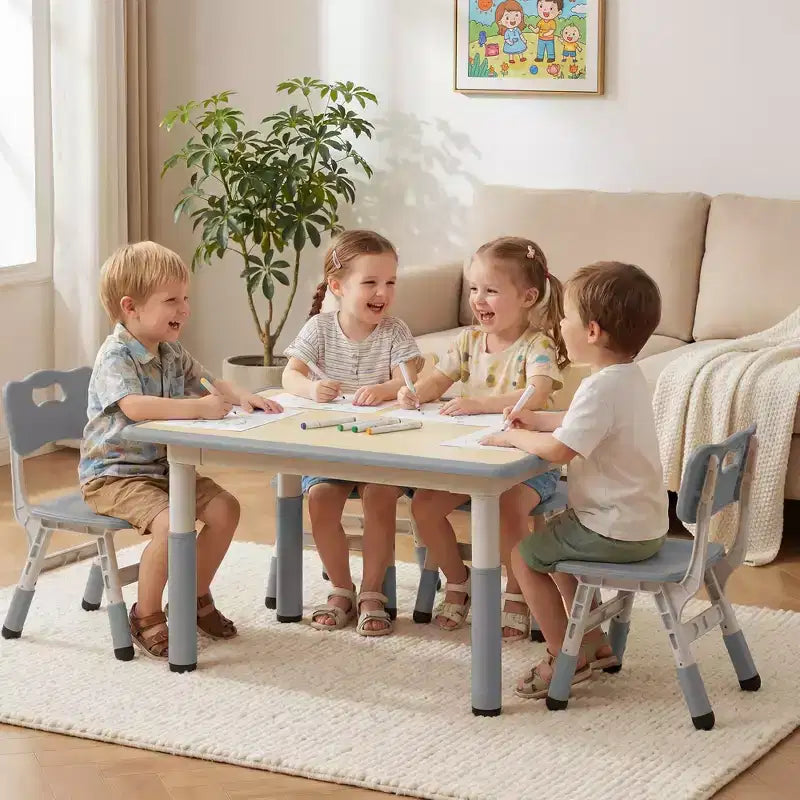 Ensemble table et 4 chaises Kinder King pour enfants, table d'activités à hauteur réglable, surface de dessin facile à nettoyer, pieds antidérapants, rectangulaire 80 cm