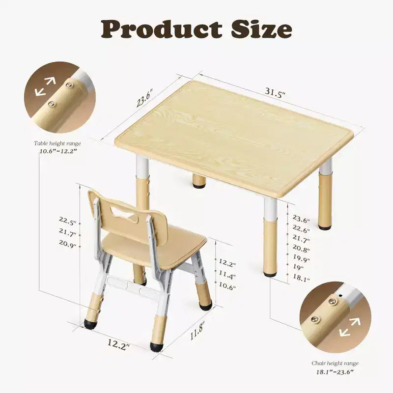 Ensemble table et 4 chaises Kinder King pour enfants, table d'activités à hauteur réglable, surface de dessin facile à nettoyer, pieds antidérapants, rectangulaire 80 cm