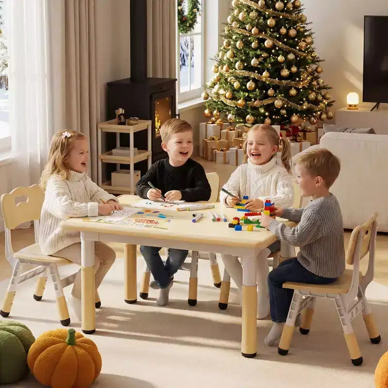 Ensemble table et 4 chaises Kinder King pour enfants, table d'activités à hauteur réglable, surface de dessin facile à nettoyer, pieds antidérapants, rectangulaire 80 cm