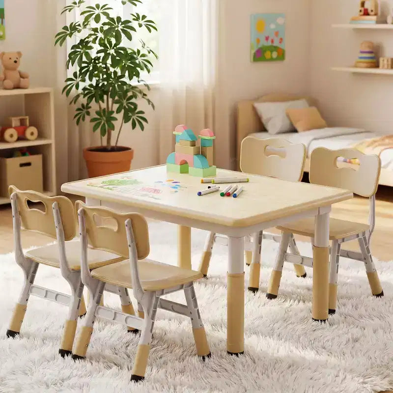 Ensemble table et 4 chaises Kinder King pour enfants, table d'activités à hauteur réglable, surface de dessin facile à nettoyer, pieds antidérapants, rectangulaire 80 cm