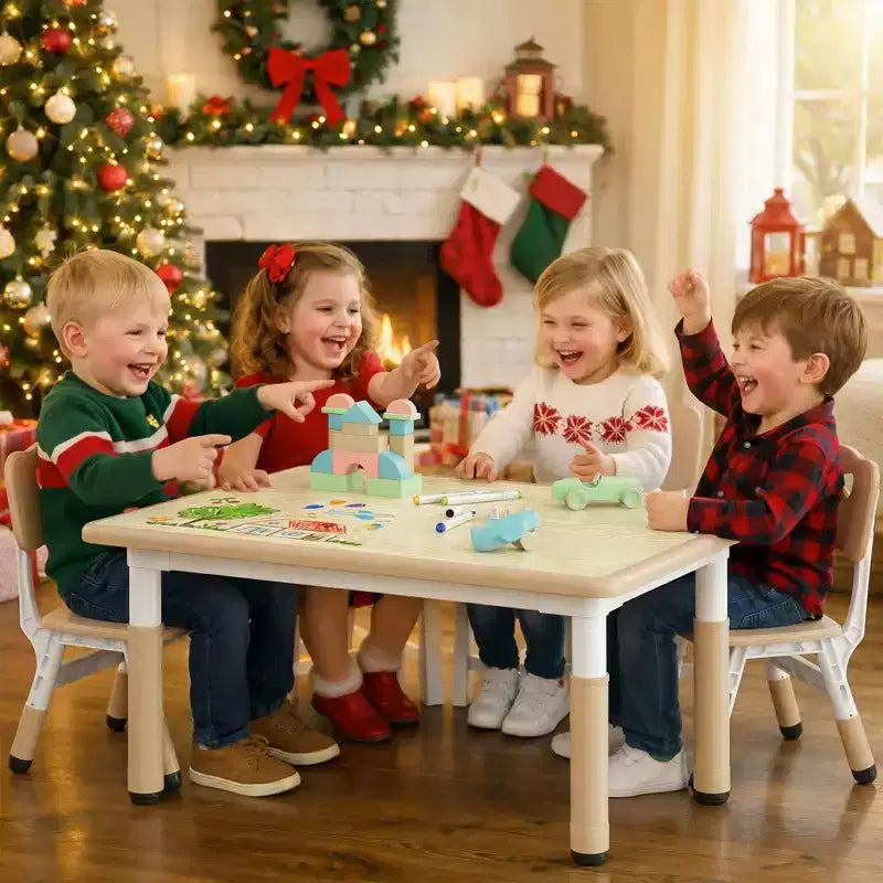 Ensemble table et 4 chaises Kinder King pour enfants, table d'activités à hauteur réglable, surface de dessin facile à nettoyer, pieds antidérapants, rectangulaire 80 cm