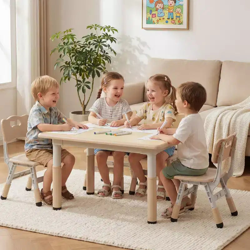 Ensemble table et 4 chaises Kinder King pour enfants, table d'activités à hauteur réglable, surface de dessin facile à nettoyer, pieds antidérapants, rectangulaire 80 cm