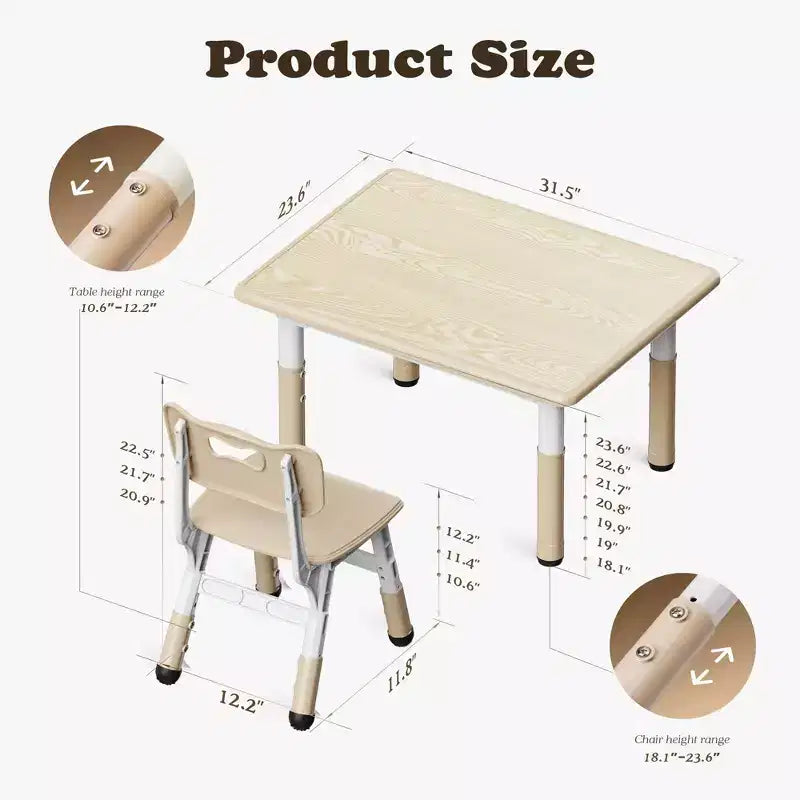 Ensemble table et 4 chaises Kinder King pour enfants, table d'activités à hauteur réglable, surface de dessin facile à nettoyer, pieds antidérapants, rectangulaire 80 cm