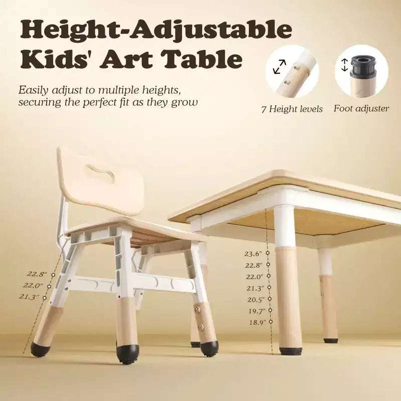 Ensemble table et 4 chaises Kinder King pour enfants, table d'activités à hauteur réglable, surface de dessin facile à nettoyer, pieds antidérapants, rectangulaire 80 cm