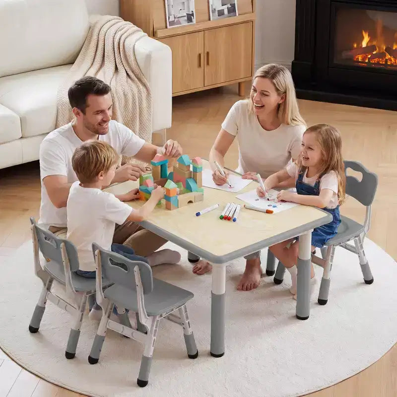 Ensemble table et 4 chaises Kinder King pour enfants, table d'activités à hauteur réglable, surface de dessin facile à nettoyer, pieds antidérapants, rectangulaire 80 cm