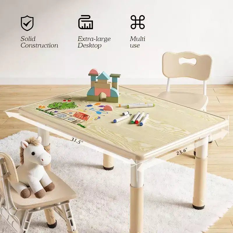 Ensemble table et 4 chaises Kinder King pour enfants, table d'activités à hauteur réglable, surface de dessin facile à nettoyer, pieds antidérapants, rectangulaire 80 cm