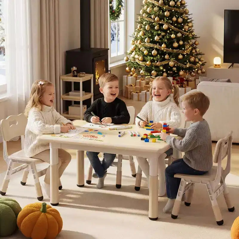 Ensemble table et 4 chaises Kinder King pour enfants, table d'activités à hauteur réglable, surface de dessin facile à nettoyer, pieds antidérapants, rectangulaire 80 cm