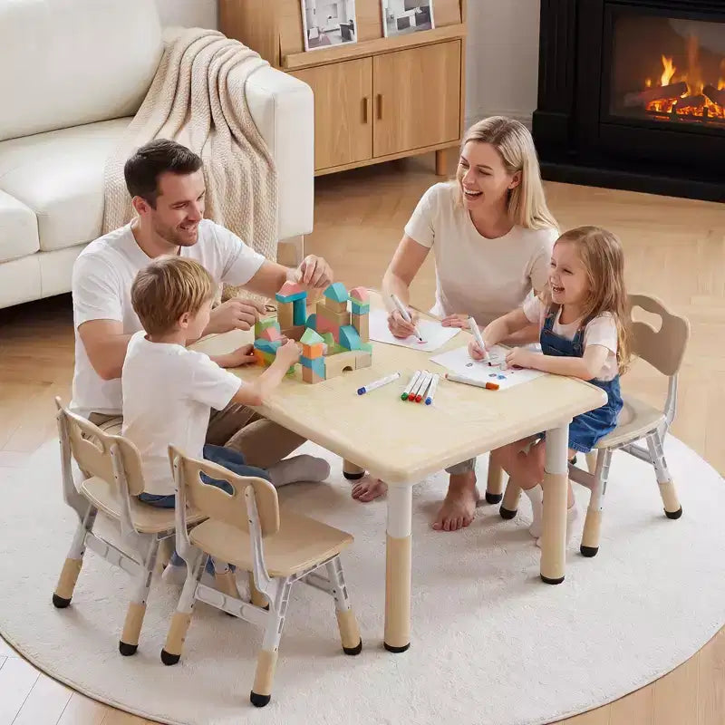 Ensemble table et 4 chaises Kinder King pour enfants, table d'activités à hauteur réglable, surface de dessin facile à nettoyer, pieds antidérapants, rectangulaire 80 cm