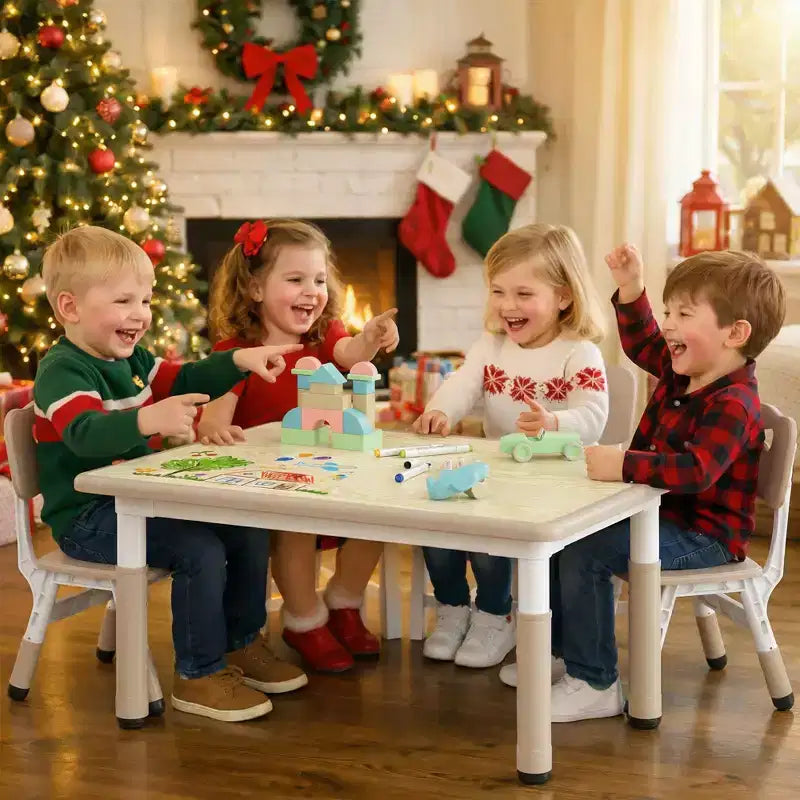 Ensemble table et 4 chaises Kinder King pour enfants, table d'activités à hauteur réglable, surface de dessin facile à nettoyer, pieds antidérapants, rectangulaire 80 cm