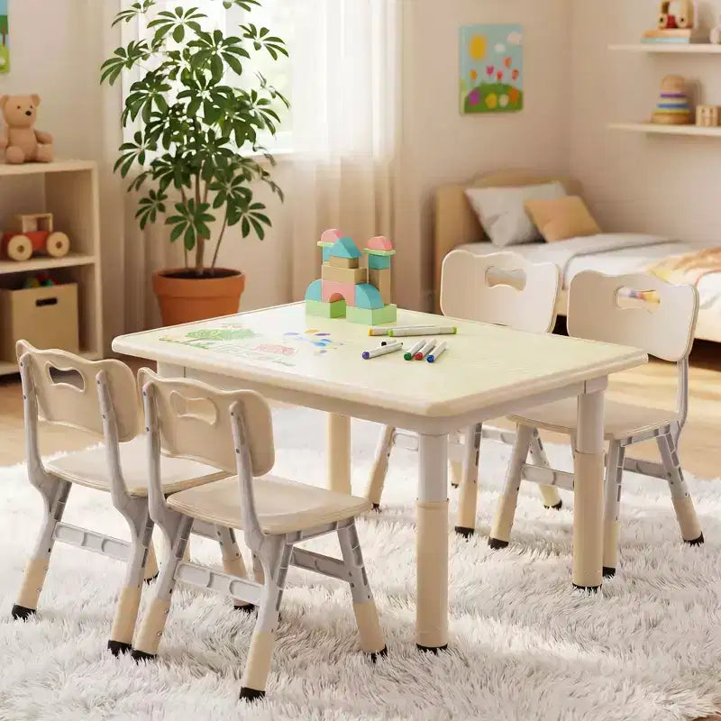 Ensemble table et 4 chaises Kinder King pour enfants, table d'activités à hauteur réglable, surface de dessin facile à nettoyer, pieds antidérapants, rectangulaire 80 cm