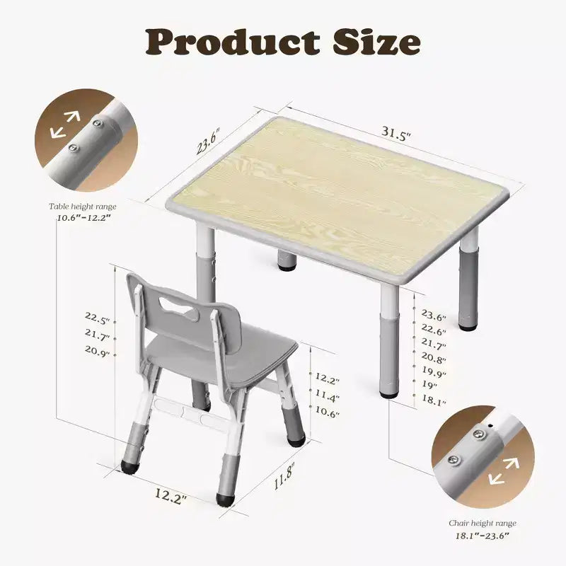 Ensemble table et 4 chaises Kinder King pour enfants, table d'activités à hauteur réglable, surface de dessin facile à nettoyer, pieds antidérapants, rectangulaire 80 cm