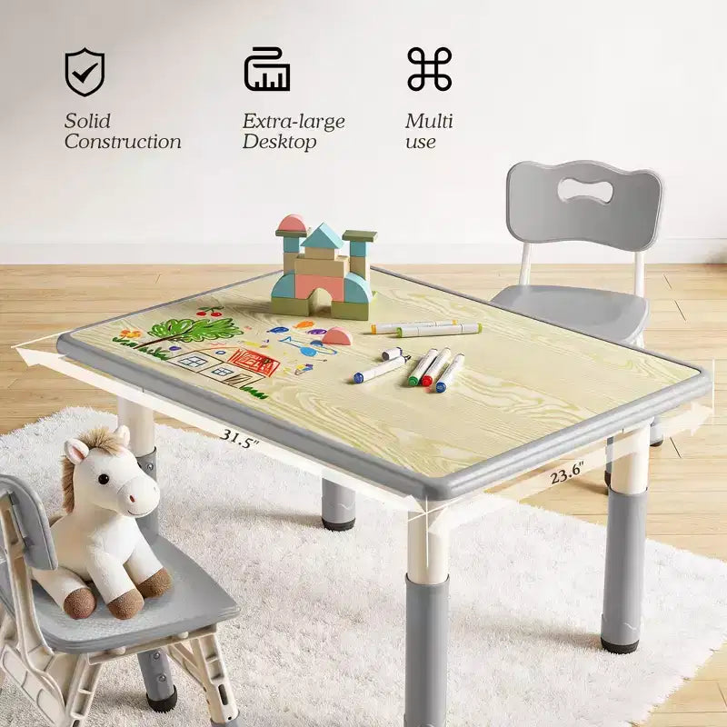 Ensemble table et 4 chaises Kinder King pour enfants, table d'activités à hauteur réglable, surface de dessin facile à nettoyer, pieds antidérapants, rectangulaire 80 cm