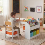 Table d'activités en bois pour enfants Kinder King avec 2 chaises et rangement, rouleau de papier et gobelets de peinture, bureau d'artisanat pour dessiner, lire et jouer