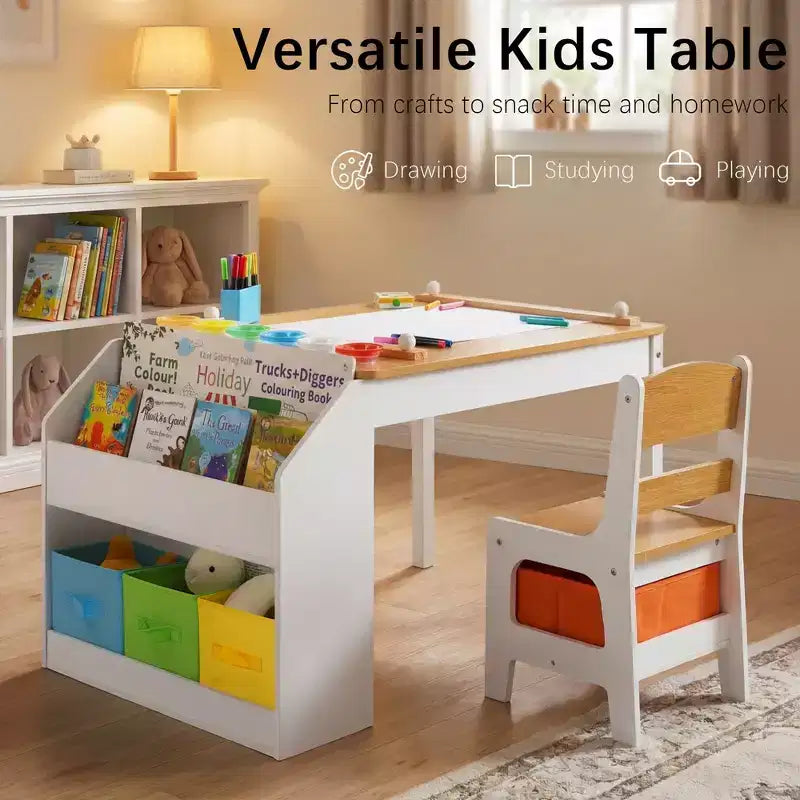 Table d'activités en bois pour enfants Kinder King avec 2 chaises et rangement, rouleau de papier et gobelets de peinture, bureau d'artisanat pour dessiner, lire et jouer