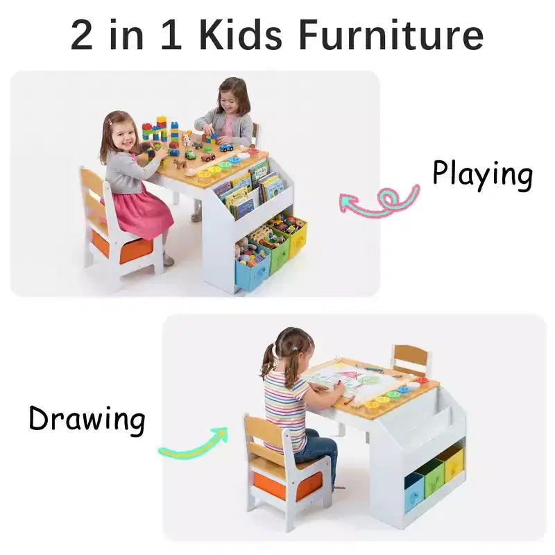 Table d'activités en bois pour enfants Kinder King avec 2 chaises et rangement, rouleau de papier et gobelets de peinture, bureau d'artisanat pour dessiner, lire et jouer
