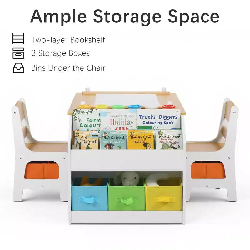 Table d'activités en bois pour enfants Kinder King avec 2 chaises et rangement, rouleau de papier et gobelets de peinture, bureau d'artisanat pour dessiner, lire et jouer