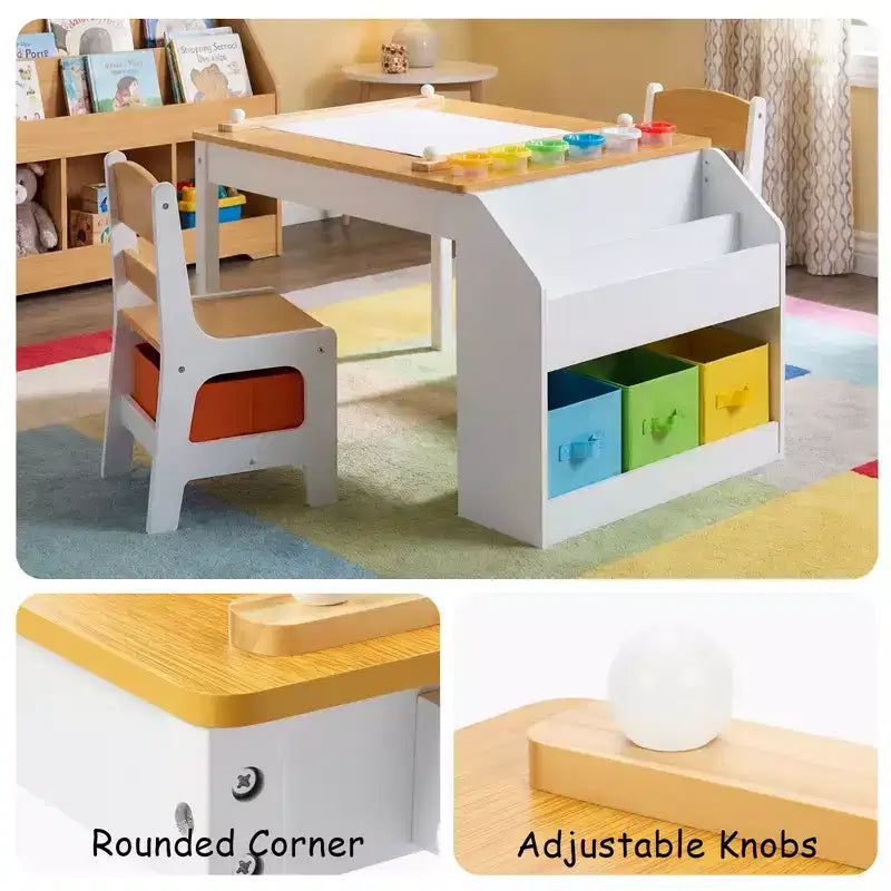 Table d'activités en bois pour enfants Kinder King avec 2 chaises et rangement, rouleau de papier et gobelets de peinture, bureau d'artisanat pour dessiner, lire et jouer