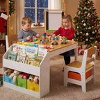Table d'activités en bois pour enfants Kinder King avec 2 chaises et rangement, rouleau de papier et gobelets de peinture, bureau d'artisanat pour dessiner, lire et jouer