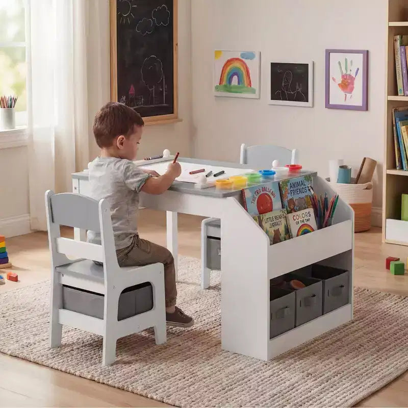 Table d'activités en bois pour enfants Kinder King avec 2 chaises et rangement, rouleau de papier et gobelets de peinture, bureau d'artisanat pour dessiner, lire et jouer