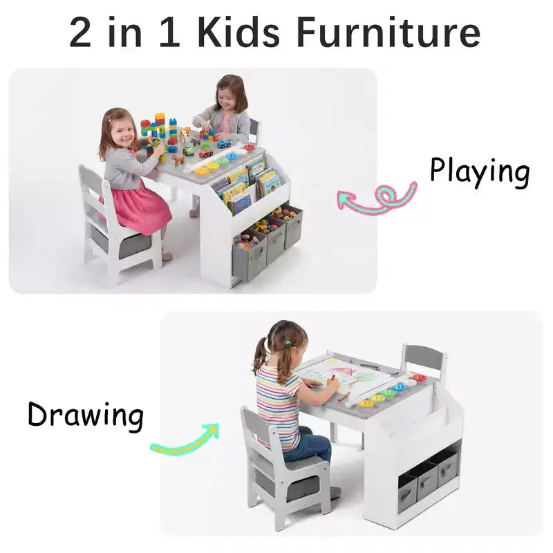 Table d'activités en bois pour enfants Kinder King avec 2 chaises et rangement, rouleau de papier et gobelets de peinture, bureau d'artisanat pour dessiner, lire et jouer
