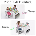Table d'activités en bois pour enfants Kinder King avec 2 chaises et rangement, rouleau de papier et gobelets de peinture, bureau d'artisanat pour dessiner, lire et jouer