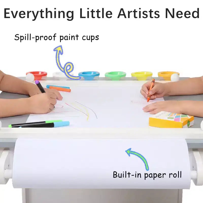 Table d'activités en bois pour enfants Kinder King avec 2 chaises et rangement, rouleau de papier et gobelets de peinture, bureau d'artisanat pour dessiner, lire et jouer