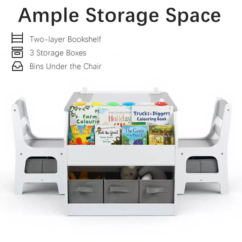 Table d'activités en bois pour enfants Kinder King avec 2 chaises et rangement, rouleau de papier et gobelets de peinture, bureau d'artisanat pour dessiner, lire et jouer