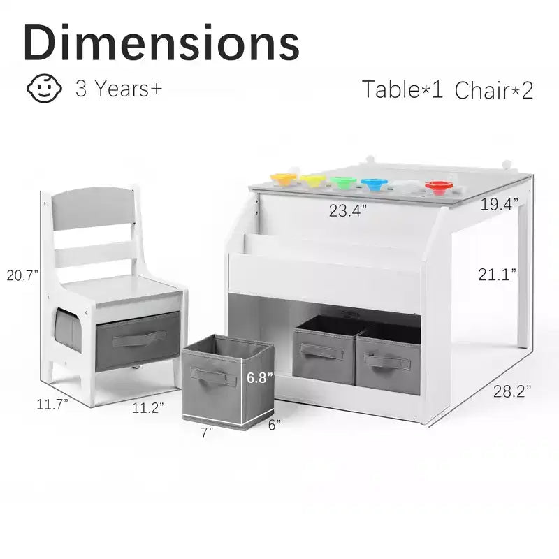 Table d'activités en bois pour enfants Kinder King avec 2 chaises et rangement, rouleau de papier et gobelets de peinture, bureau d'artisanat pour dessiner, lire et jouer