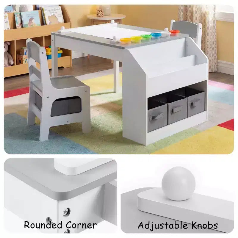 Table d'activités en bois pour enfants Kinder King avec 2 chaises et rangement, rouleau de papier et gobelets de peinture, bureau d'artisanat pour dessiner, lire et jouer