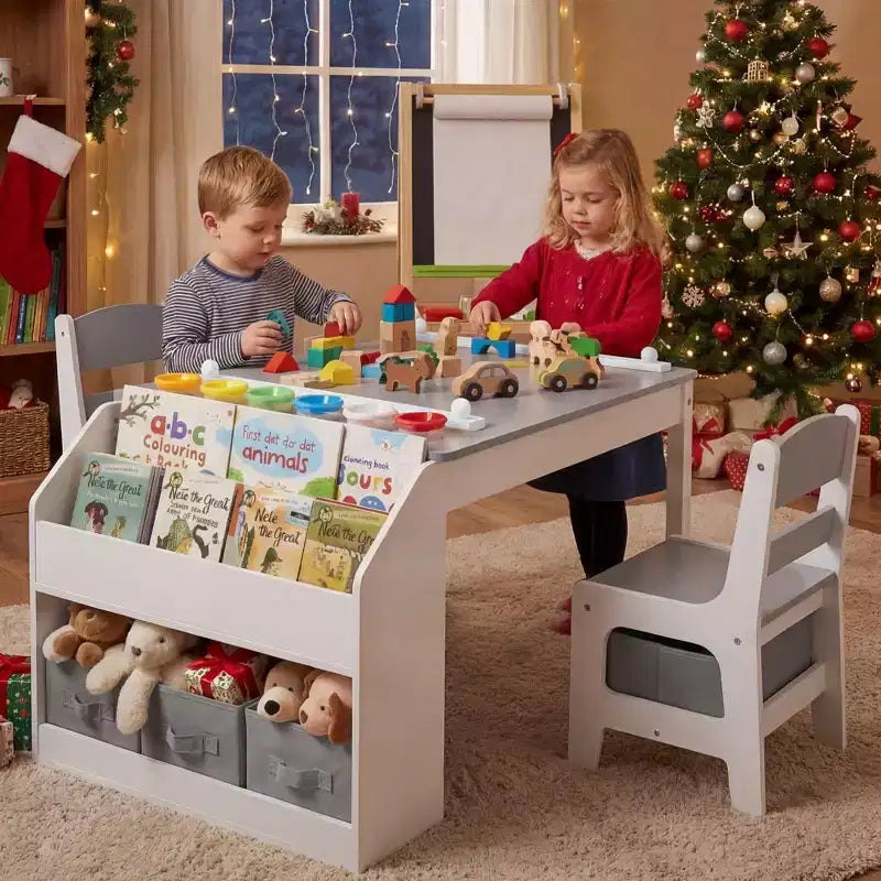 Table d'activités en bois pour enfants Kinder King avec 2 chaises et rangement, rouleau de papier et gobelets de peinture, bureau d'artisanat pour dessiner, lire et jouer