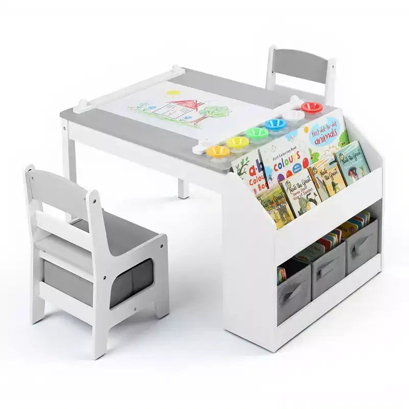 Table d'activités en bois pour enfants Kinder King avec 2 chaises et rangement, rouleau de papier et gobelets de peinture, bureau d'artisanat pour dessiner, lire et jouer