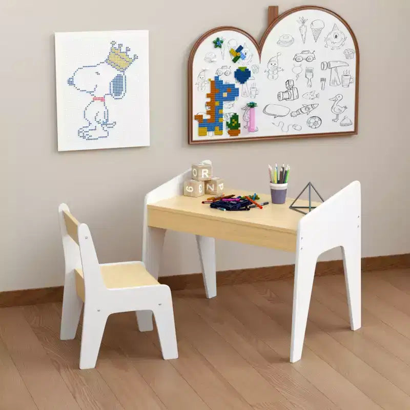 JVNOXK Rectangular Children's Desk and Chair Set, Includes One Chair, Wooden Children's Study Desk, Suitable for Ages 2-8, White + Natural Wood
