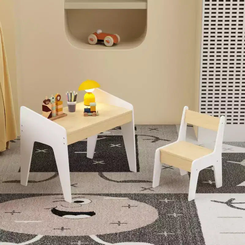 JVNOXK Ensemble bureau et chaise rectangulaire pour enfants, comprend une chaise, bureau d'étude en bois pour enfants, convient aux 2-8 ans, blanc + bois naturel