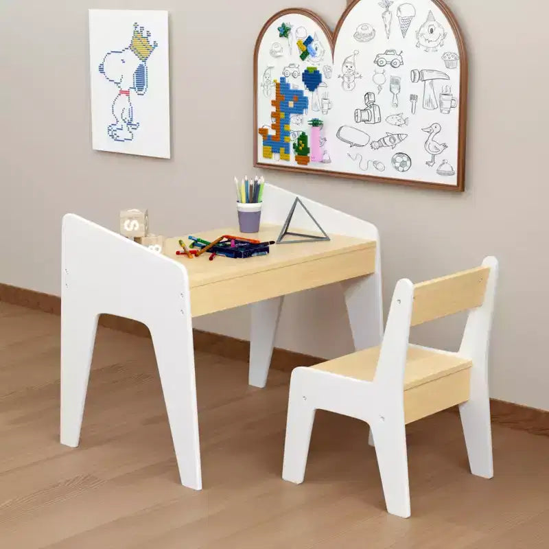 JVNOXK Ensemble bureau et chaise rectangulaire pour enfants, comprend une chaise, bureau d'étude en bois pour enfants, convient aux 2-8 ans, blanc + bois naturel